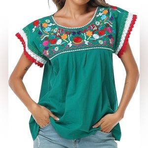 YZXDORWJ Mexican Embroidered Lace Traditional Colorful Blouse Tricolor Top NWT